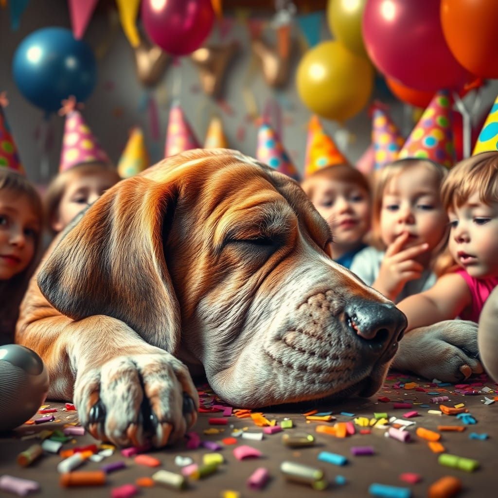 Old Hound Dog Surrounded by Children at Birthday Party in Ph...