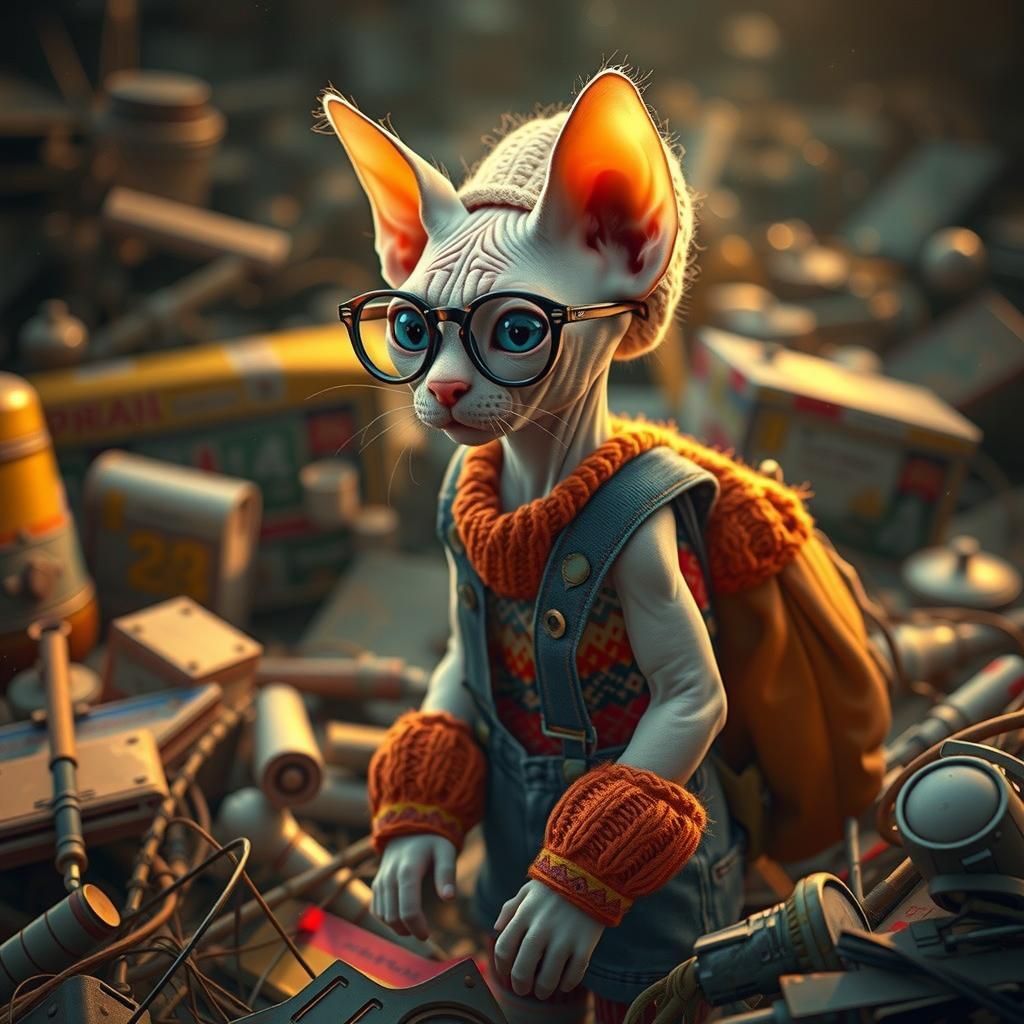 Anthropomorphic Sphynx Cat Scavenging for Treasures