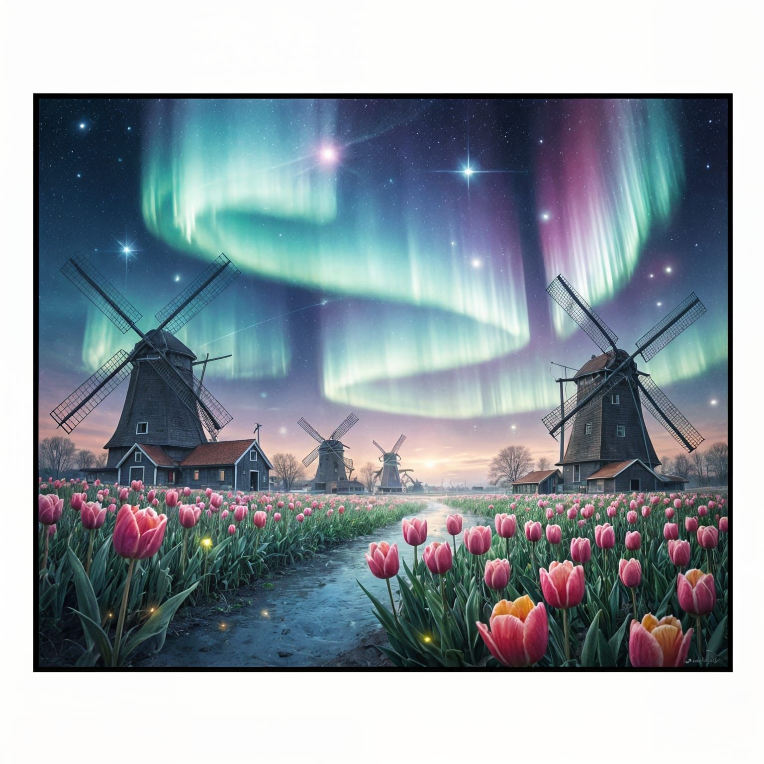 Cosmic Tulips and Windmills Under Northern Lights