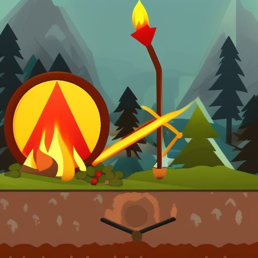 Mountain Forest Game Scene with Torch and Campfire