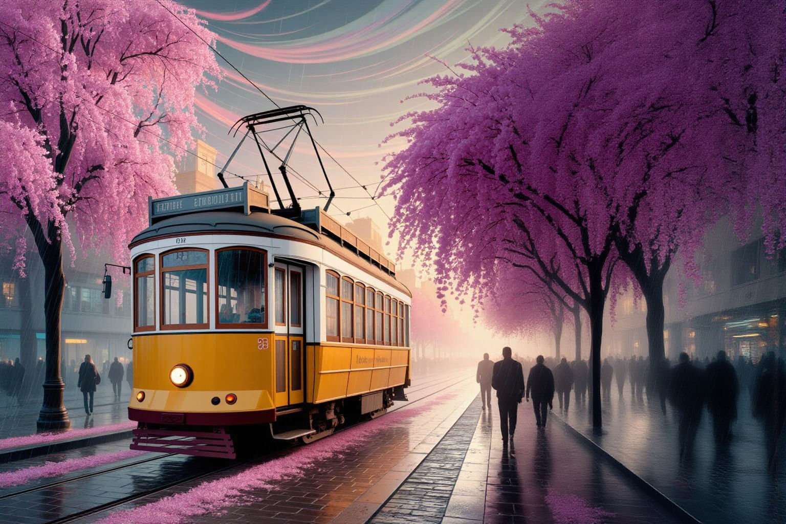 Vintage Tram Rolls Through Blossoming City Street in a Paste...