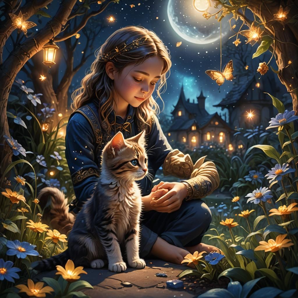 Mystical Garden: Person Petting Kitten in Fantasy Art