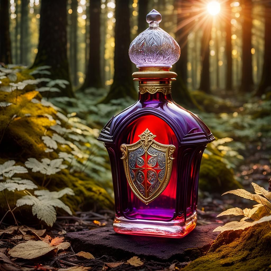 Ornate Medieval Potion Bottle in Mystical Forest