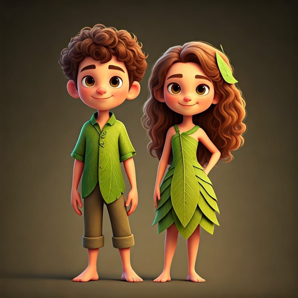 Adorable Teenage Cartoon Duo Stands Together in Vibrant Gree...