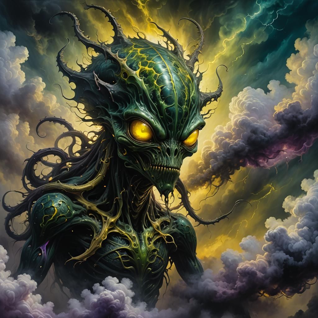 Alien Creature in Toxic Gas: Surreal Oil Painting