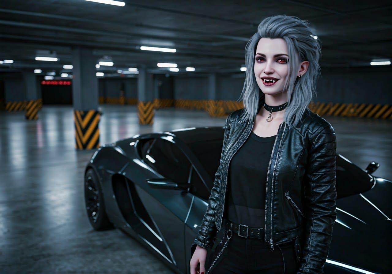Cyberpunk Vampire Leans on Electric Ride