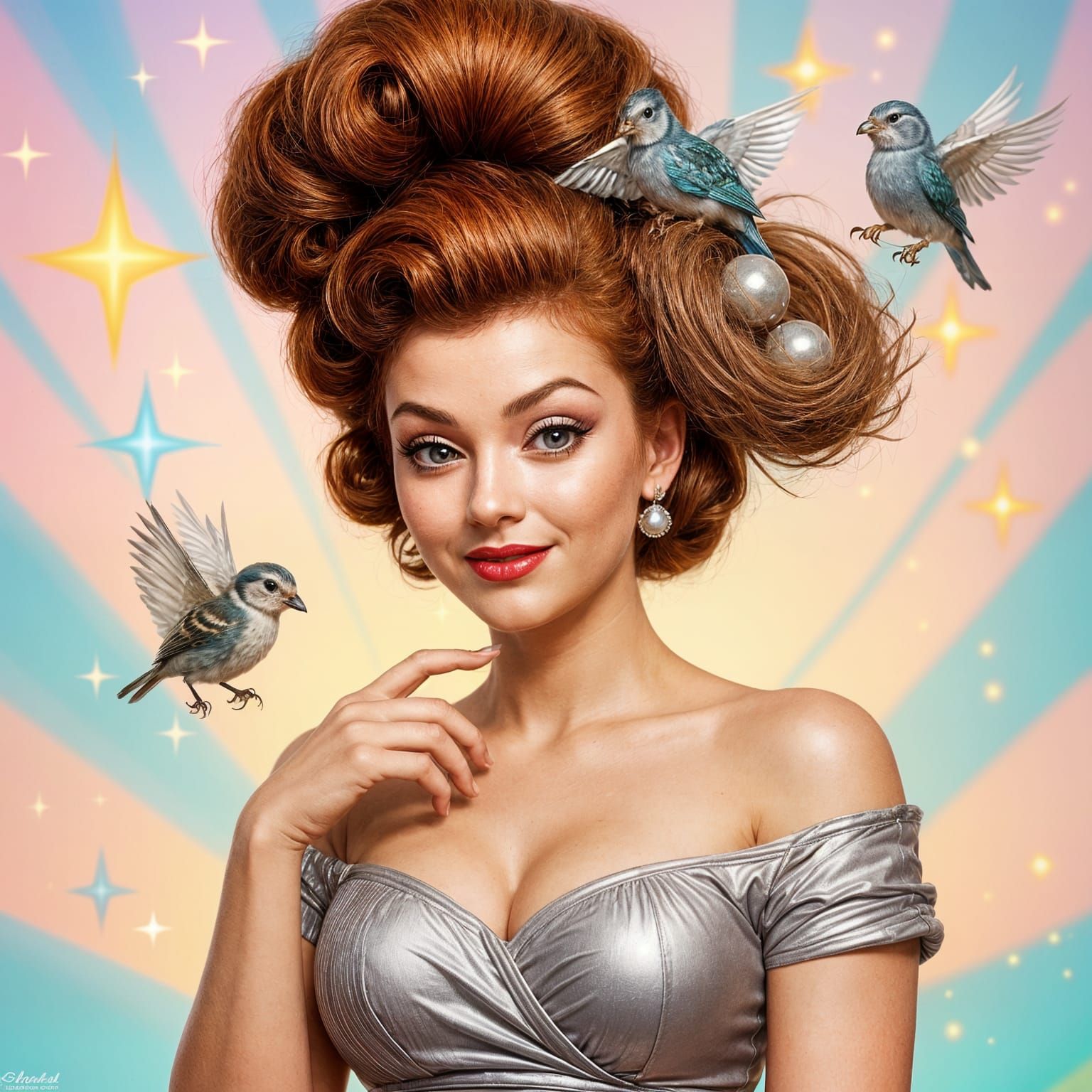 1950s Pin-Up Girl with Bird's Nest, Retro-Futuristic Style