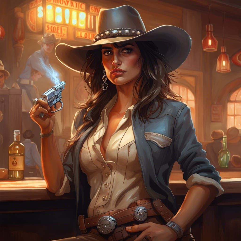 Cowgirl with Smoking Gun: Digital Art Portrait