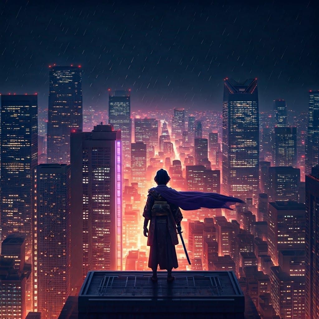 Geisha Superhero Overlooking Tokyo in Cyberpunk Style