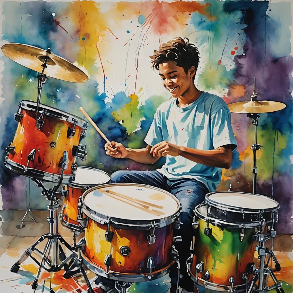 Teenage Boy Drumming: Oil and Watercolor Painting