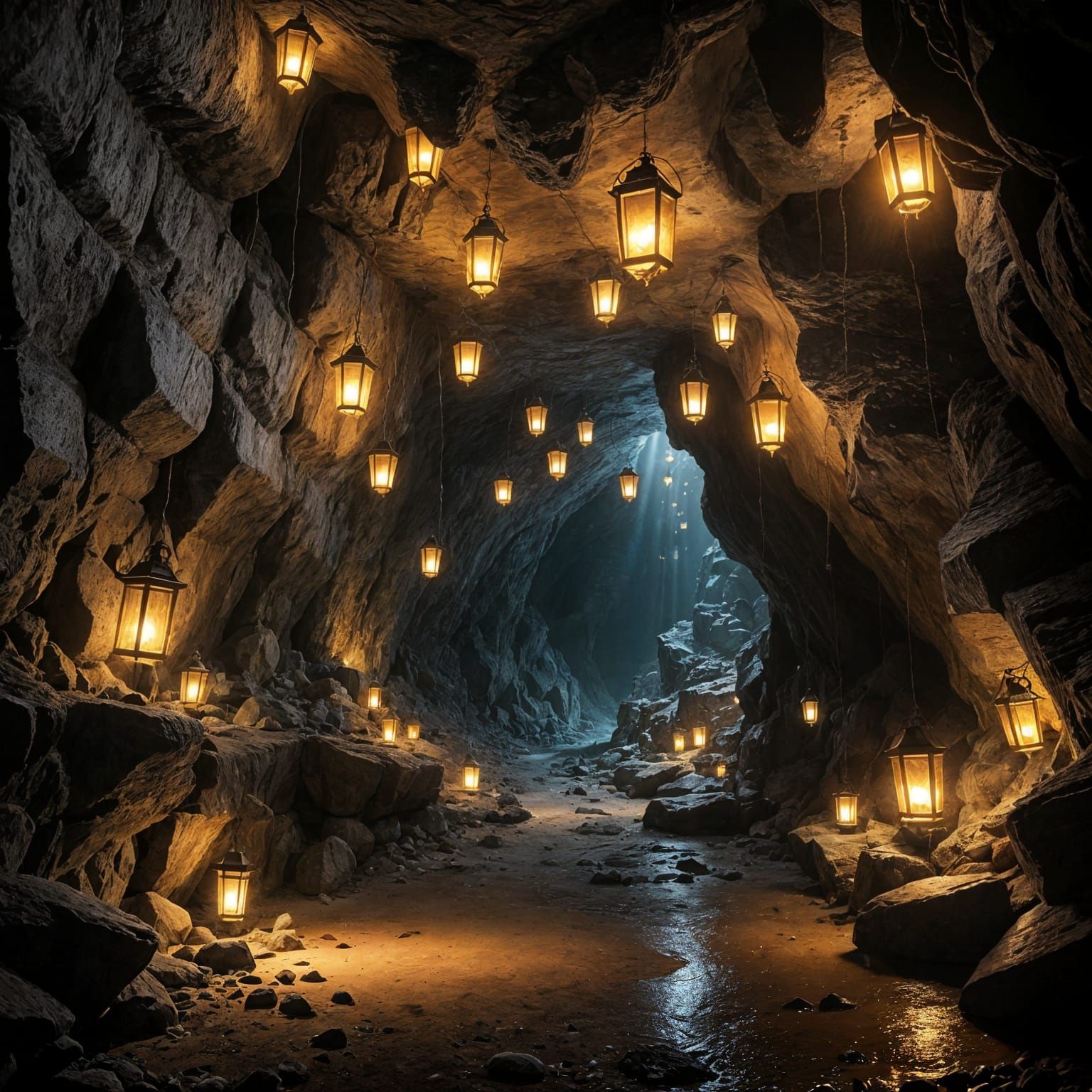 Illuminated Underground Cavern with Cinematic Lighting
