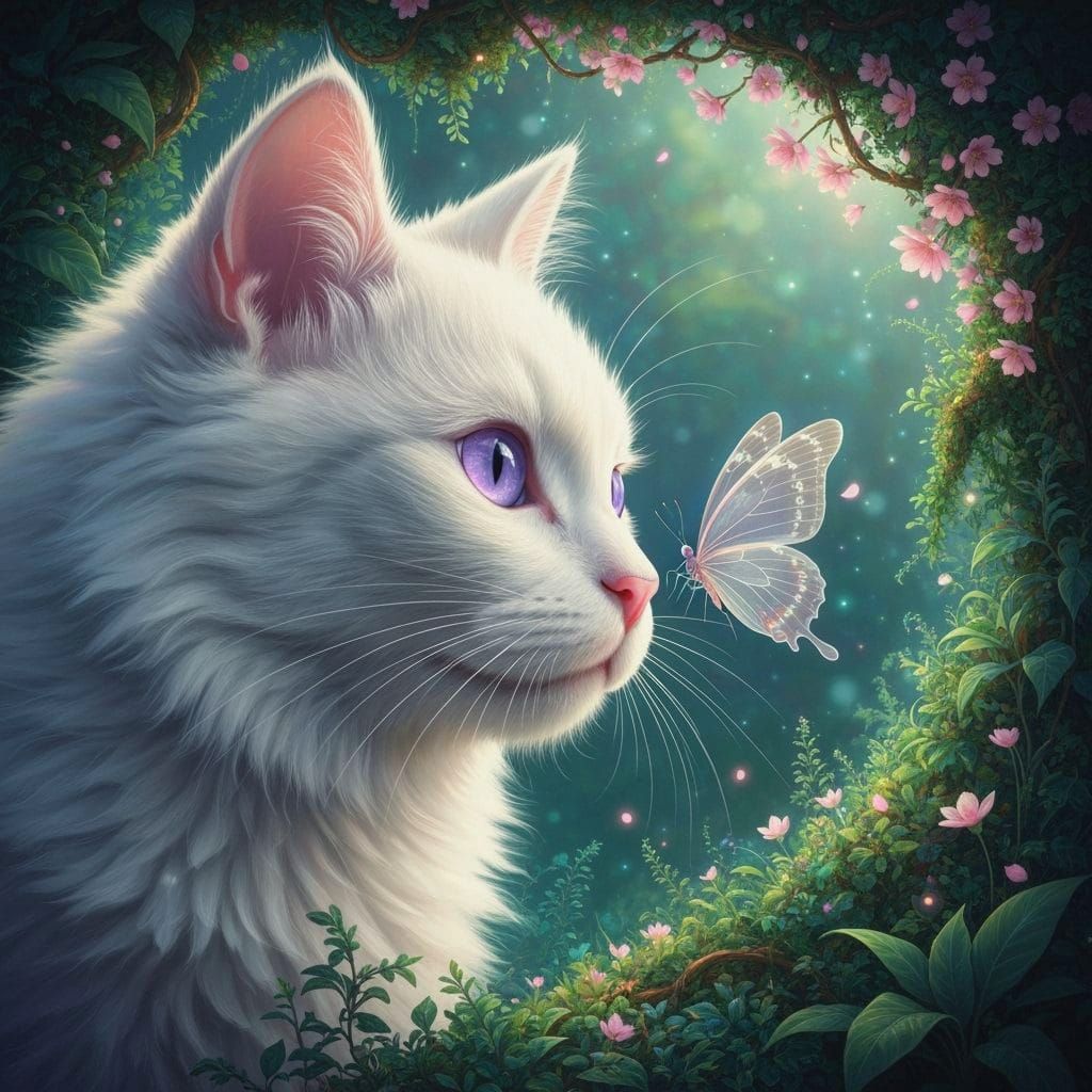 Fluffy Cat with Butterfly in Enchanted Garden