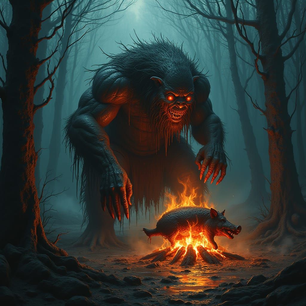 Muscular Swamp Monster Cooking Boar by Firelight