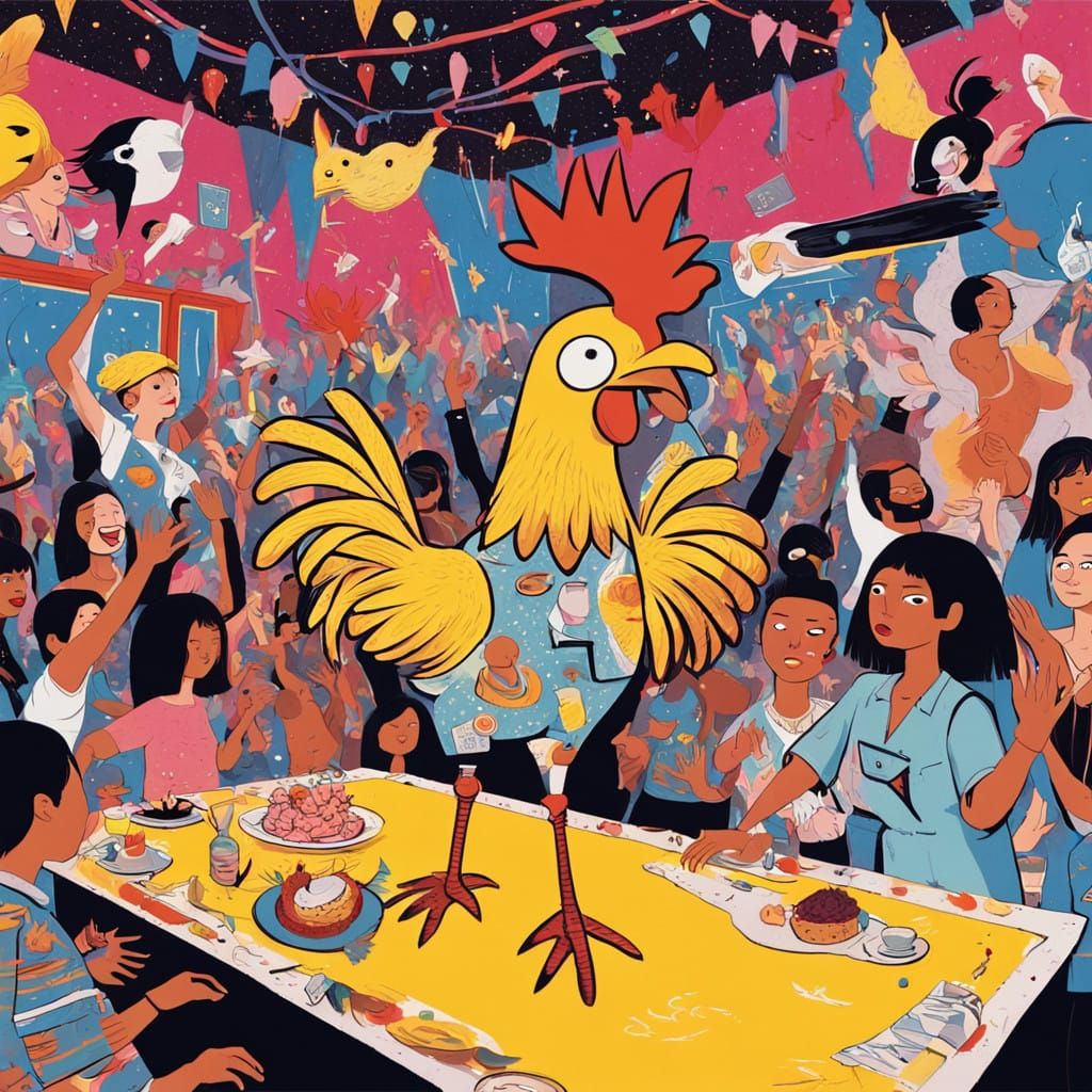 Vibrant Club Scene with Dancing Chicken in Playful Anime Sty...