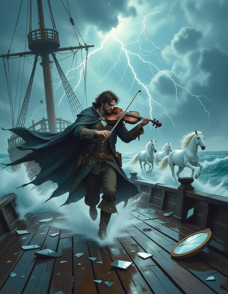 Violinist on Sinking Ship in Stormy Seas