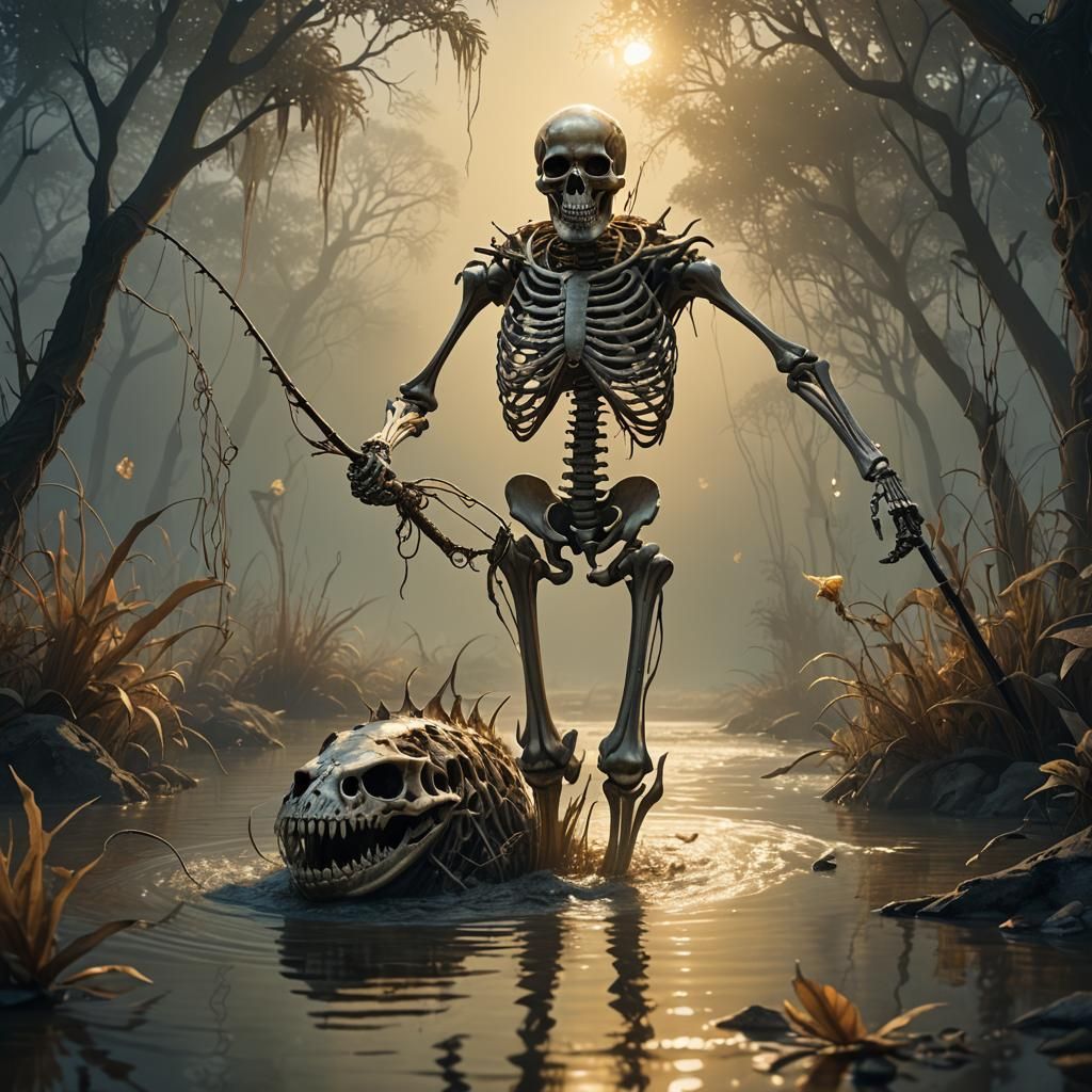 Skeleton Fishing for Catfish in Savanna River