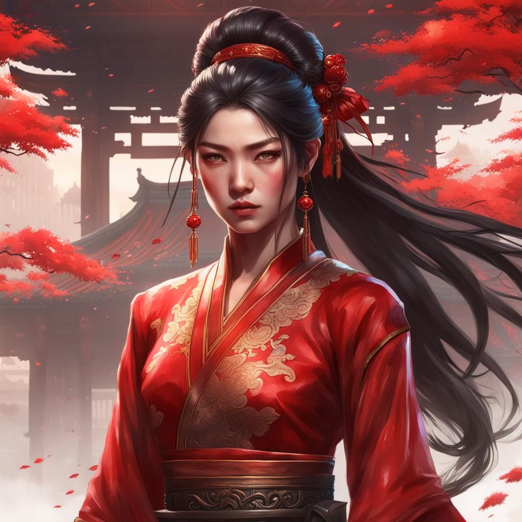 Ethereal Asian Assassin in Stunning Red Dress