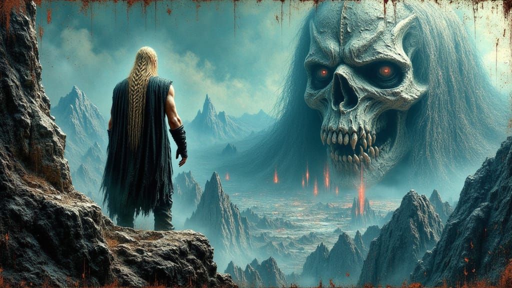 Epic Fantasy Barbarian Overlooks Skull Mountain