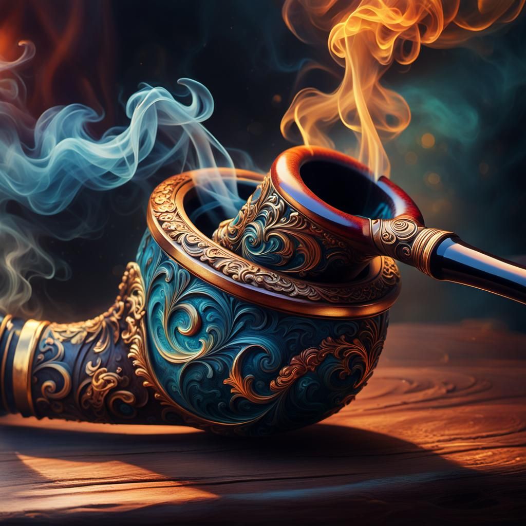 Mystical Pipe on Glowing Table, Vibrant Oil Painting
