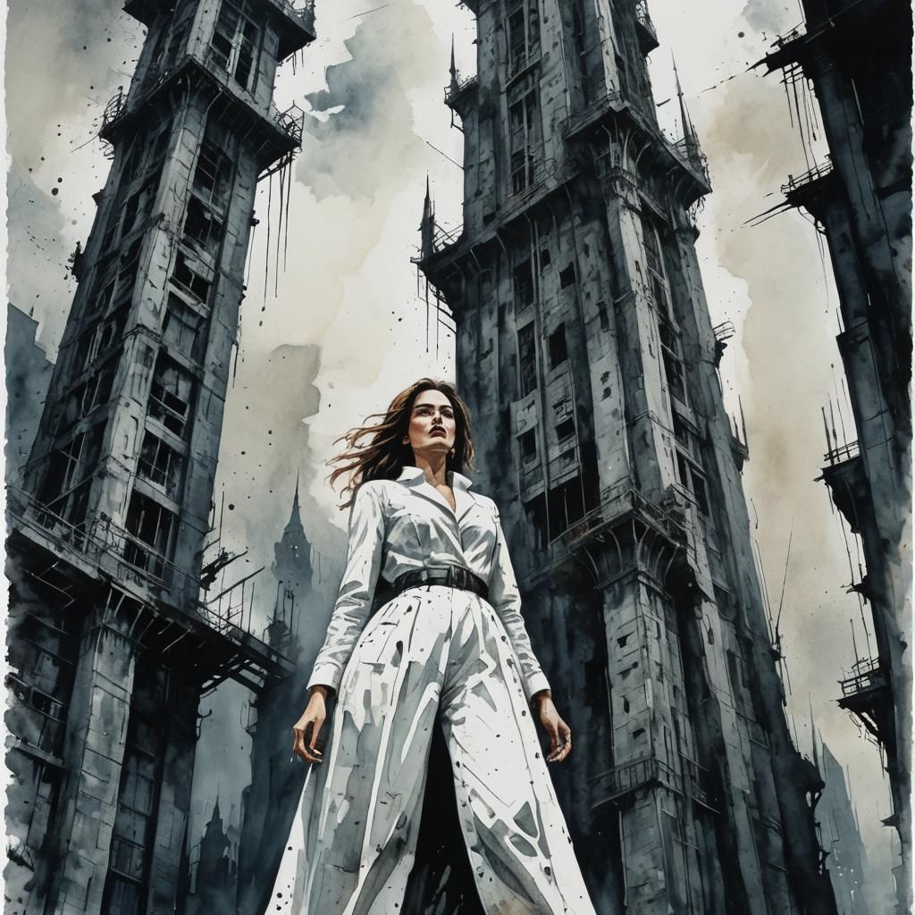 Retrofuturistic Watercolor: Woman and Tower in White