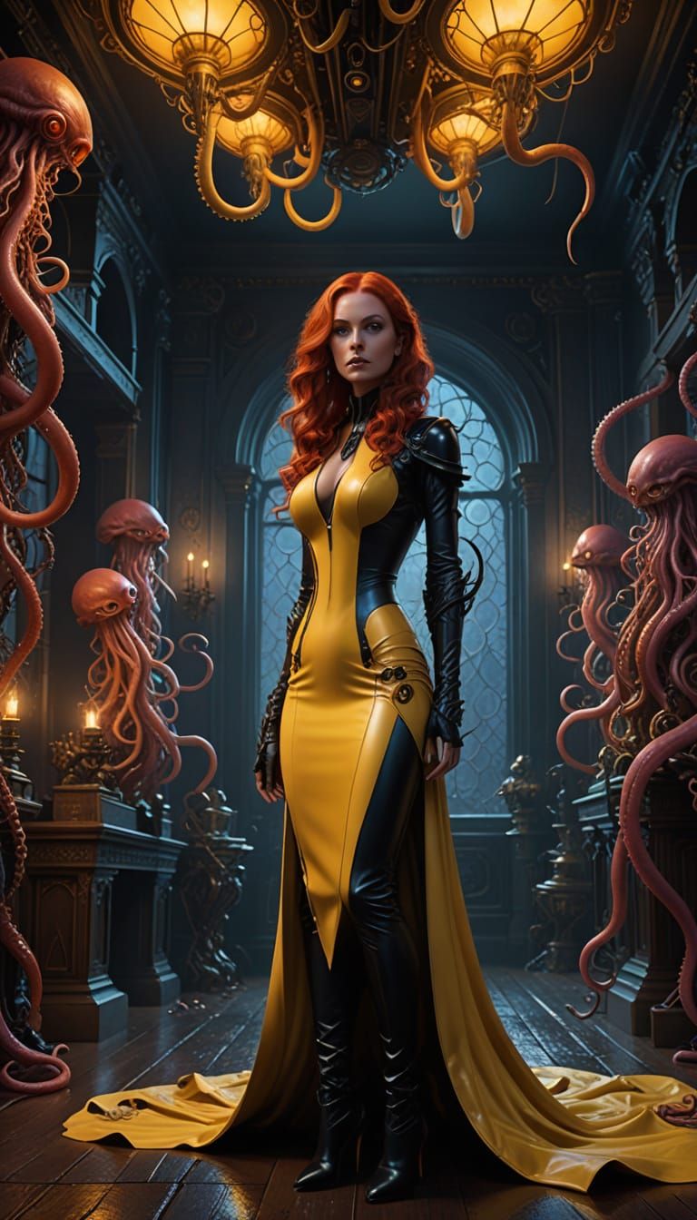 A 25 year old woman whose body is covered in a latex suit from head to toe. She has long red hair. On her feet are high ...