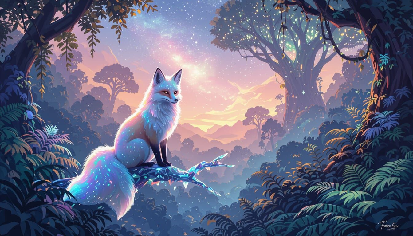 Bioluminescent Fox in Alien Jungle Watercolor