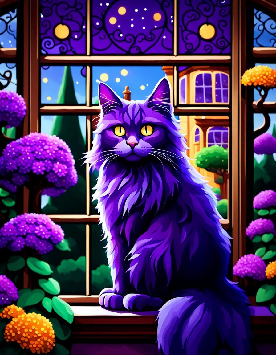 Purple Maine Coon Cat in Klimt-Inspired Garden