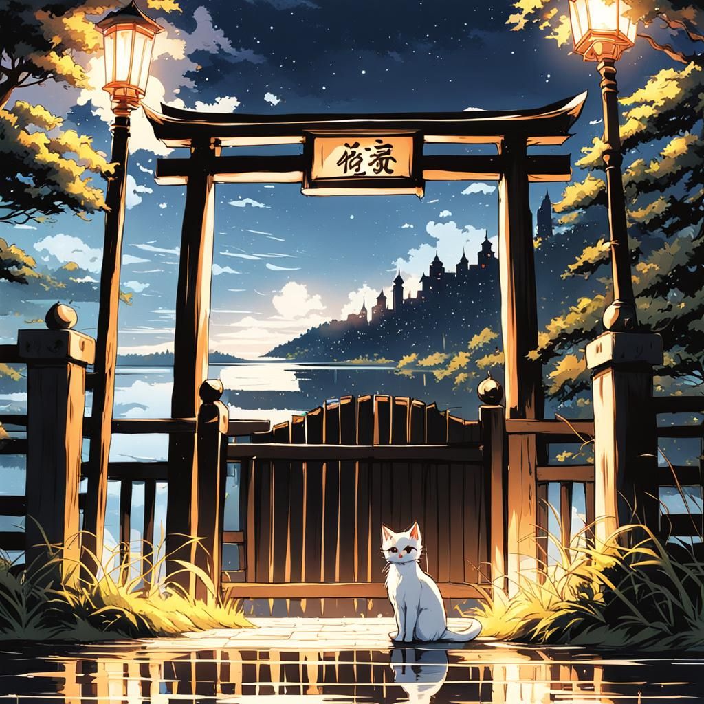 Kitten at Tori Gate: Anime-Style Night Scene