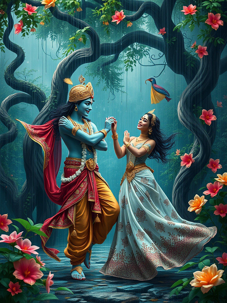 Krishna and Radha: Joyful Dance in the Rain