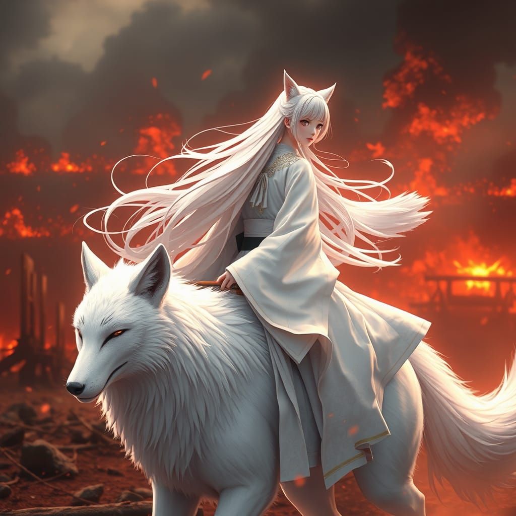 Japanese Girl Rides Fox in Inferno Battlefield: Anime Art