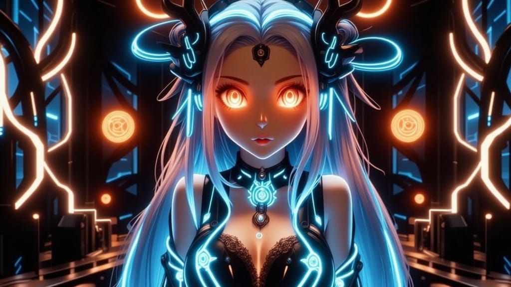 Anime Portrait: Blue Braids, Pink Eyes, Gothic Window