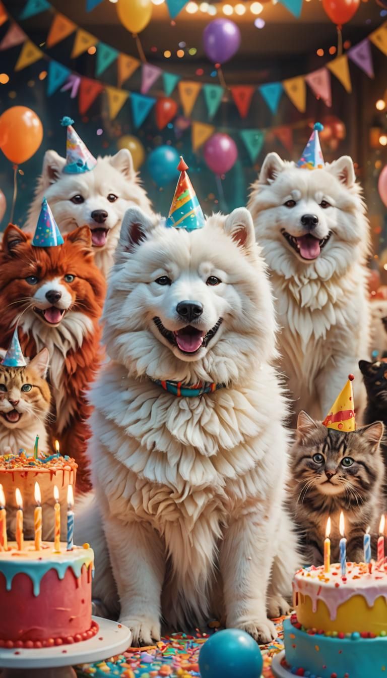 Samoyed's Birthday Party: Whimsical Fantasy Concept Art