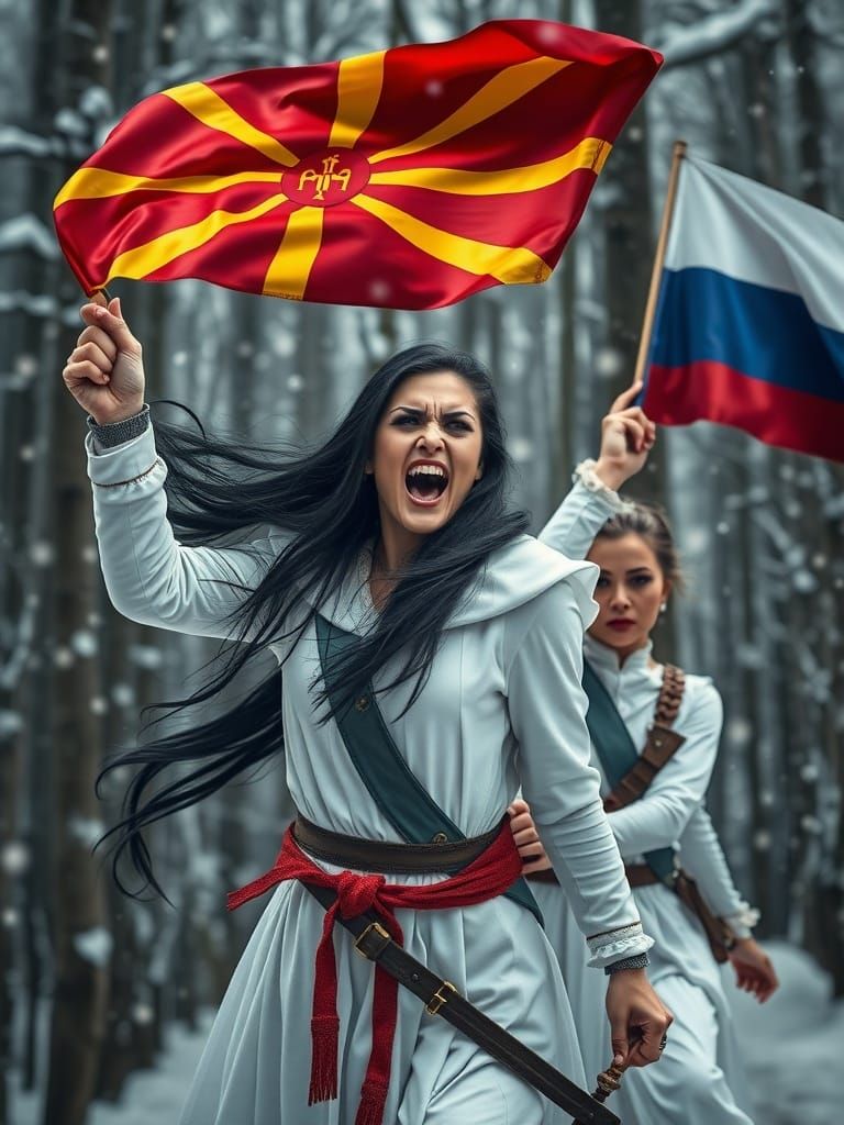 Evil Woman Warrior Screams Victory in Snowy Forest