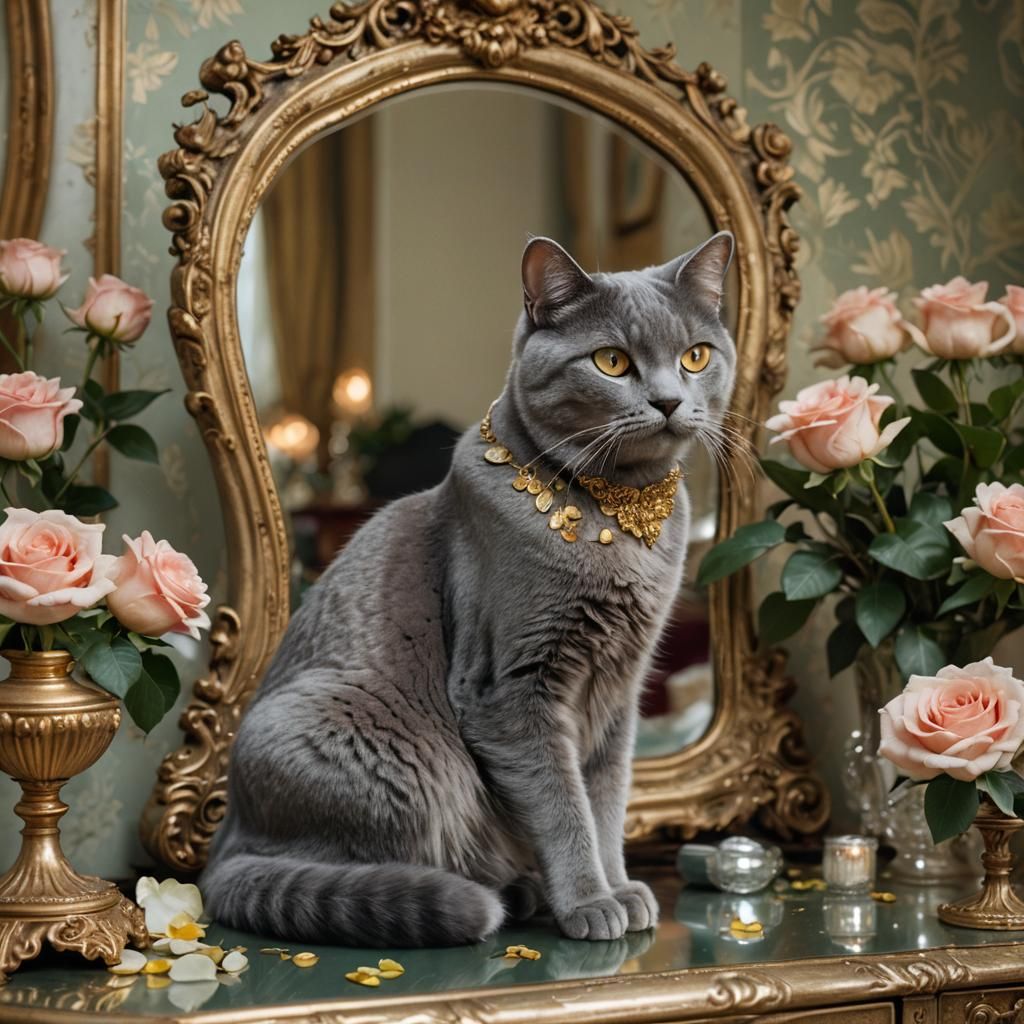 Luxurious Gray Cat in Victorian Boudoir