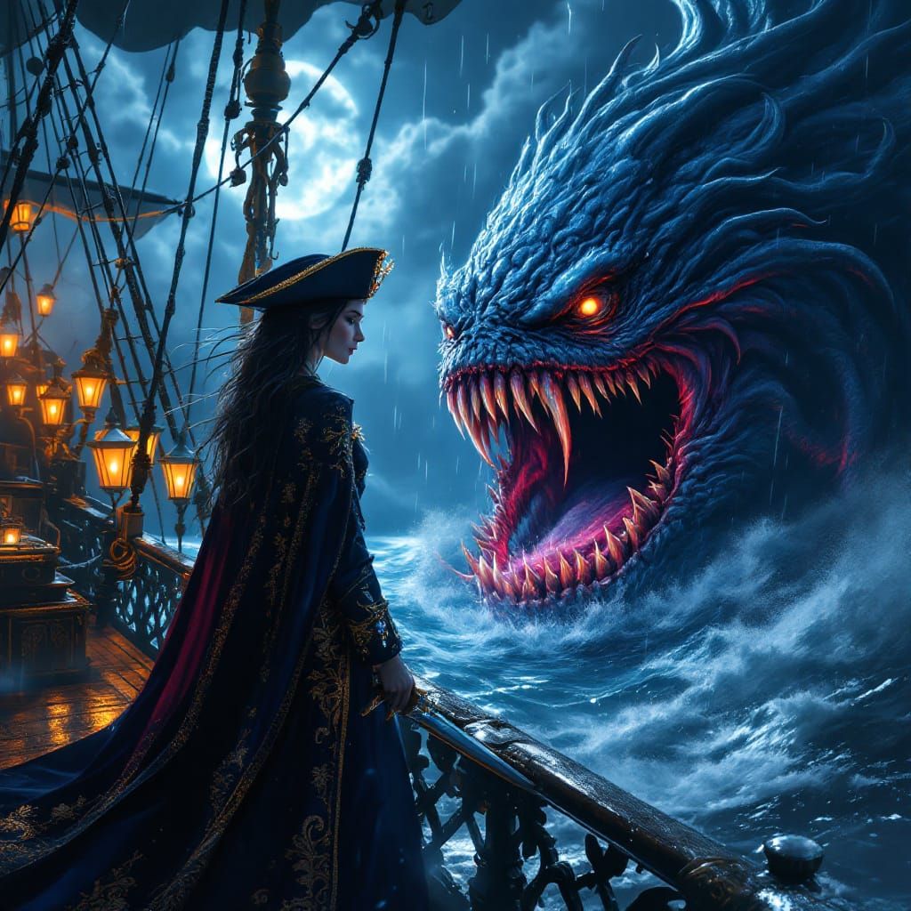 Princess Pirate Battles Abyssal Kraken in Stormy Seas