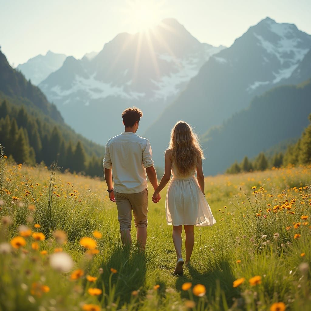 Romantic Couple Stroll Through Mountain Meadow