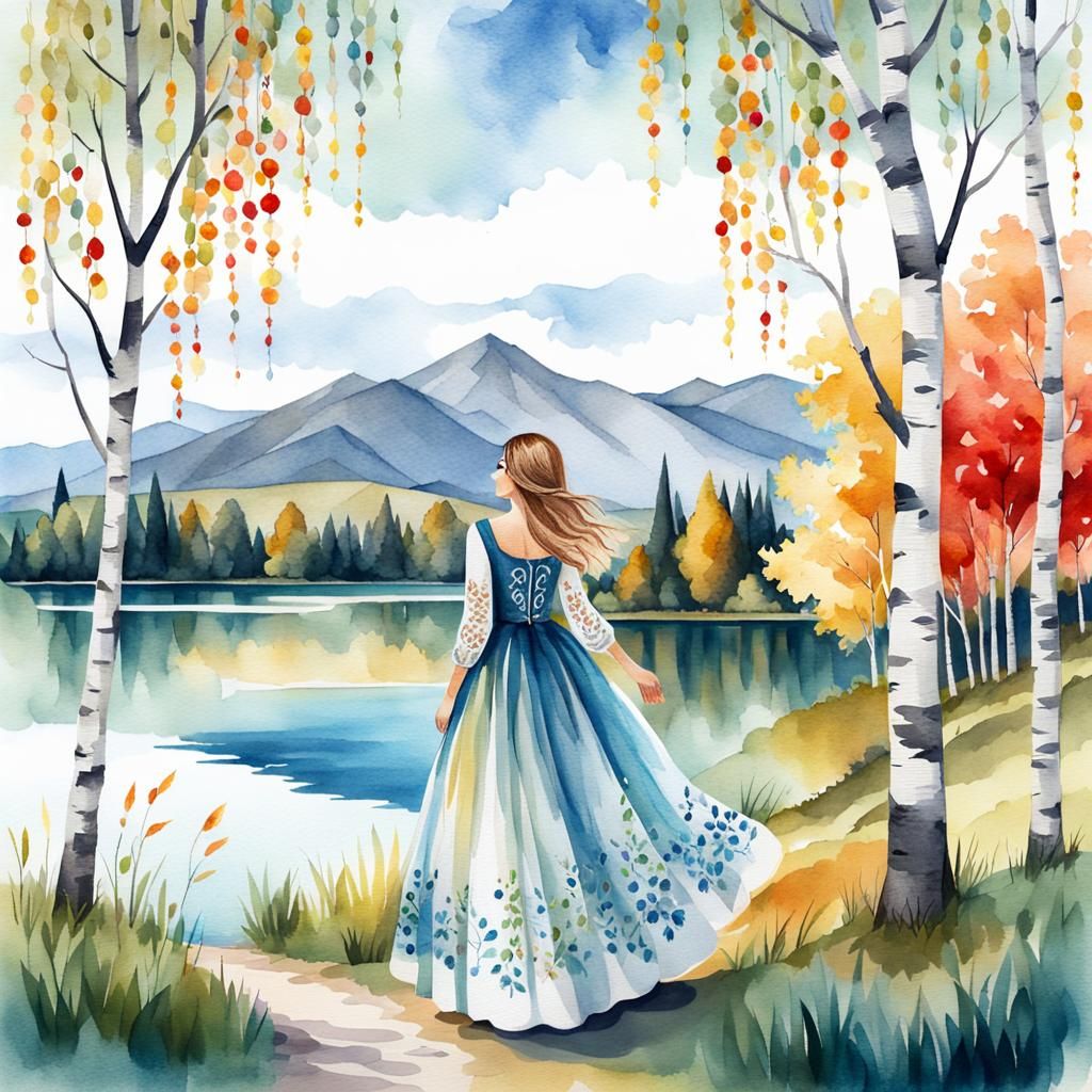 Watercolor Illustration of Girl in Embroidered Dress
