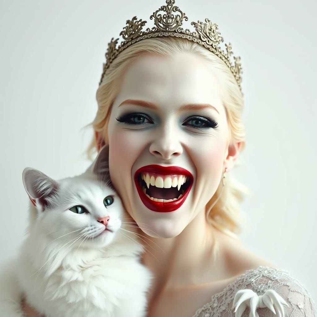 white portrait of an albino female vampire laughing and showing her pointed fangs and a white cat against a white backgr...