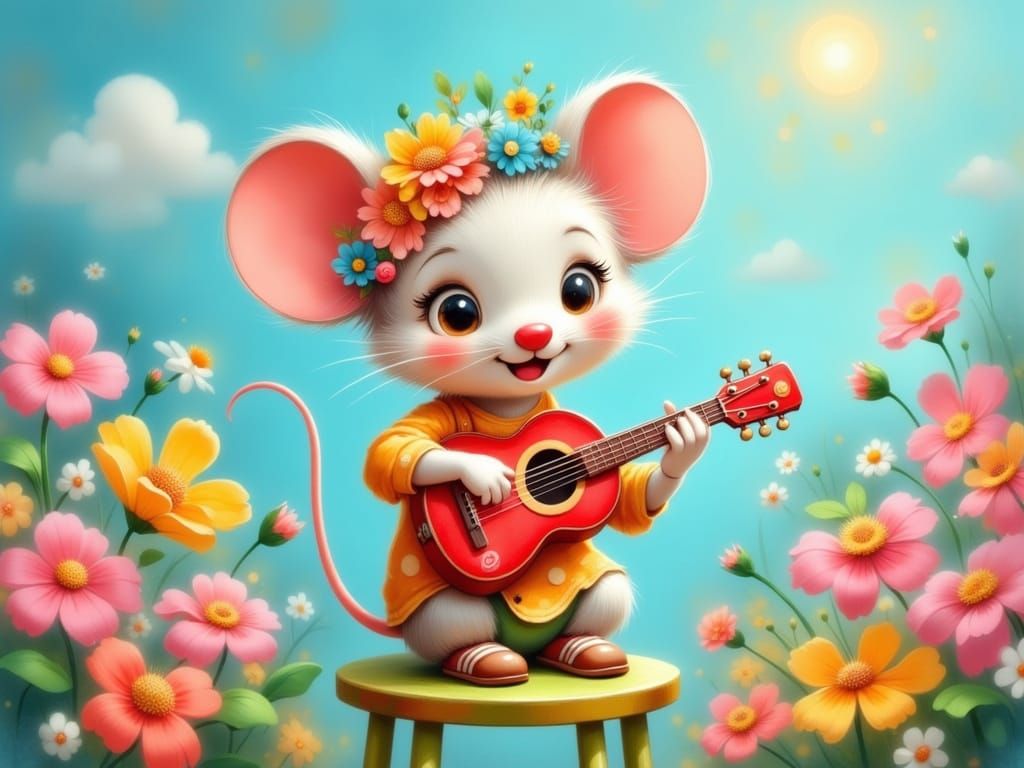 Vibrant Cartoon Mouse Plays Guitar in Sunny Whimsical Town