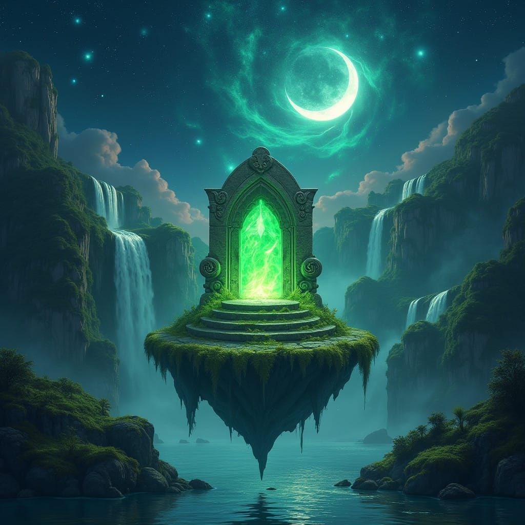 Surreal Celestial Landscape with Magical Energy and Lush Veg...