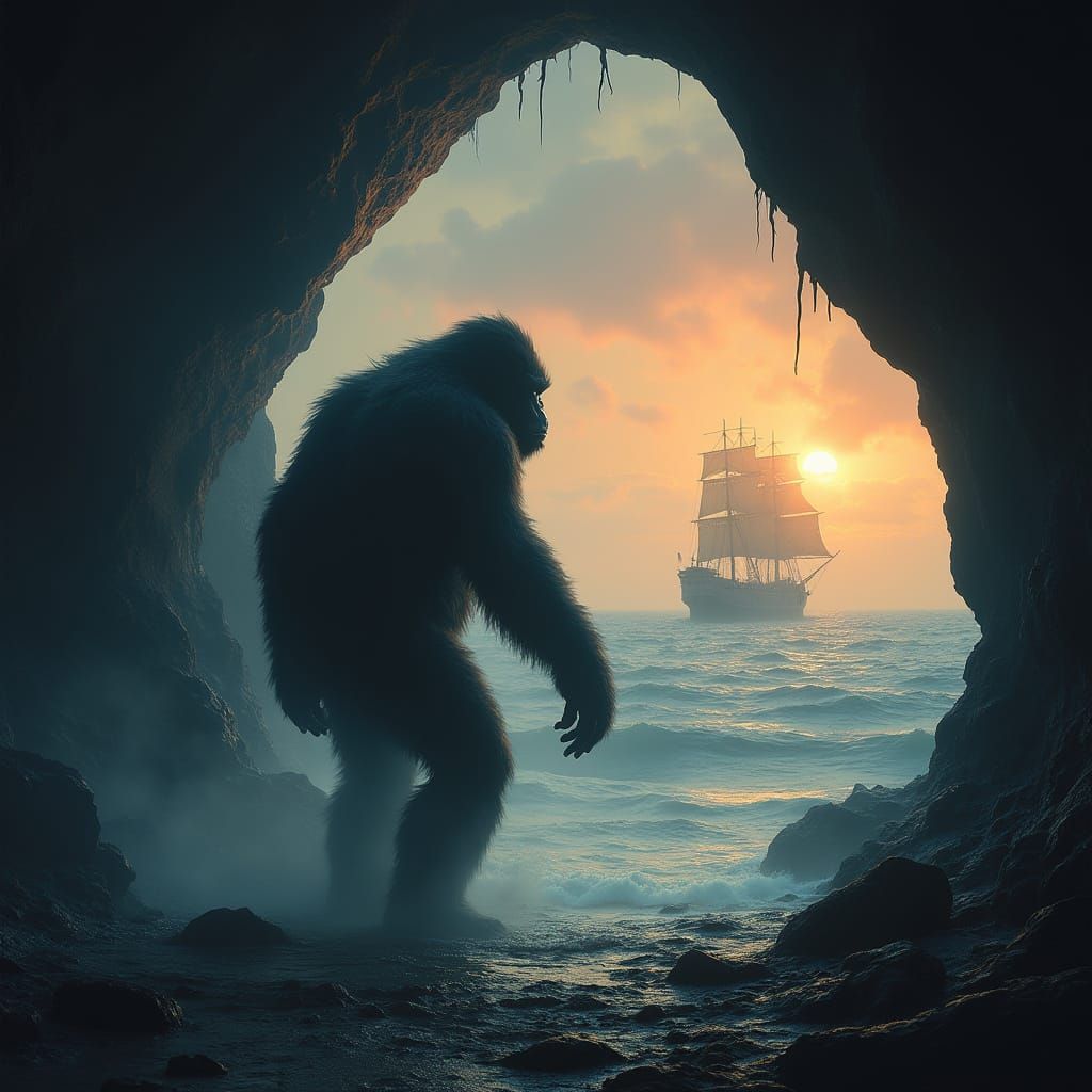 Sasquatch Stands Vigilant at Cave Entrance Amidst Sunset Oce...