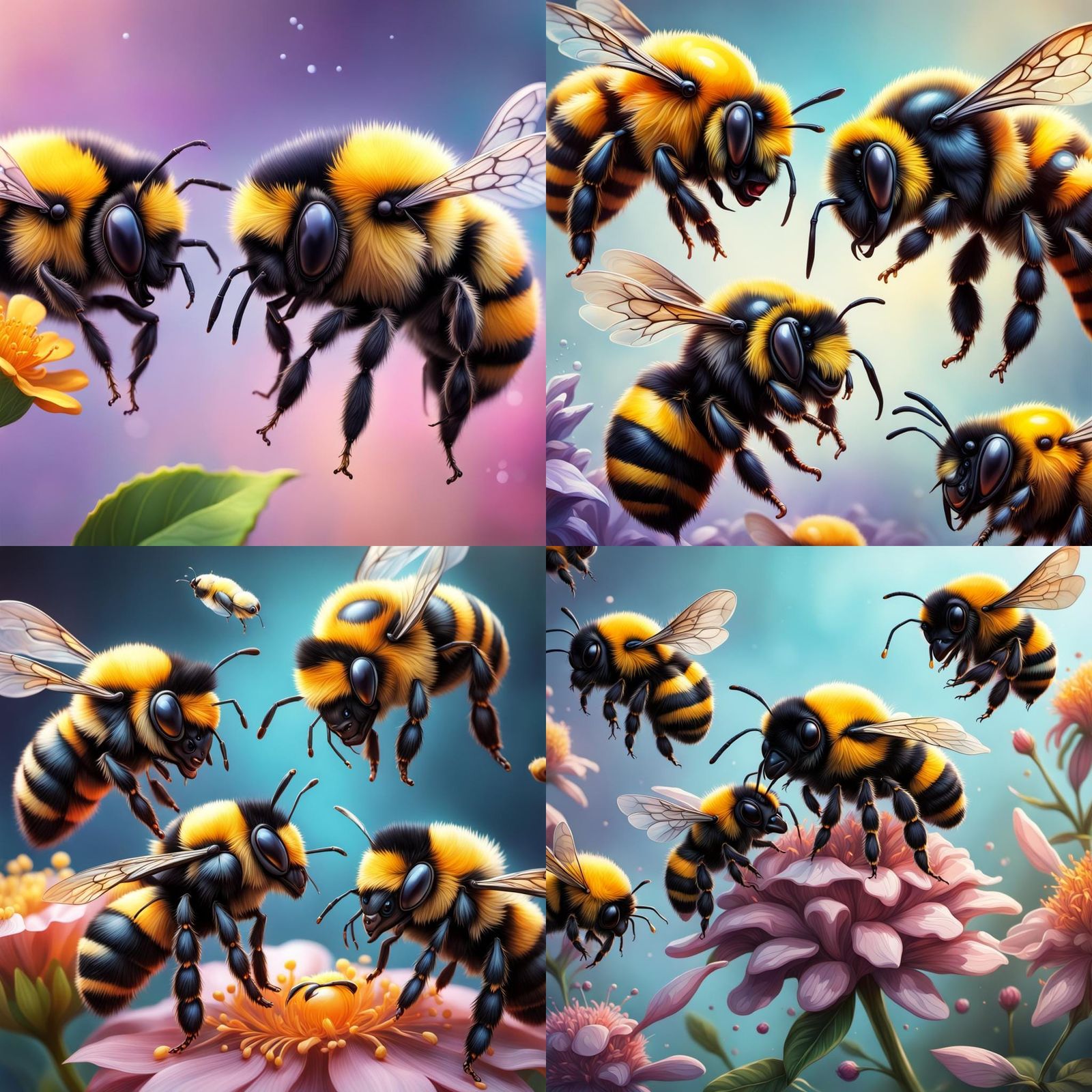 Hyperrealistic Bumble Bees in Colorful Splash Art