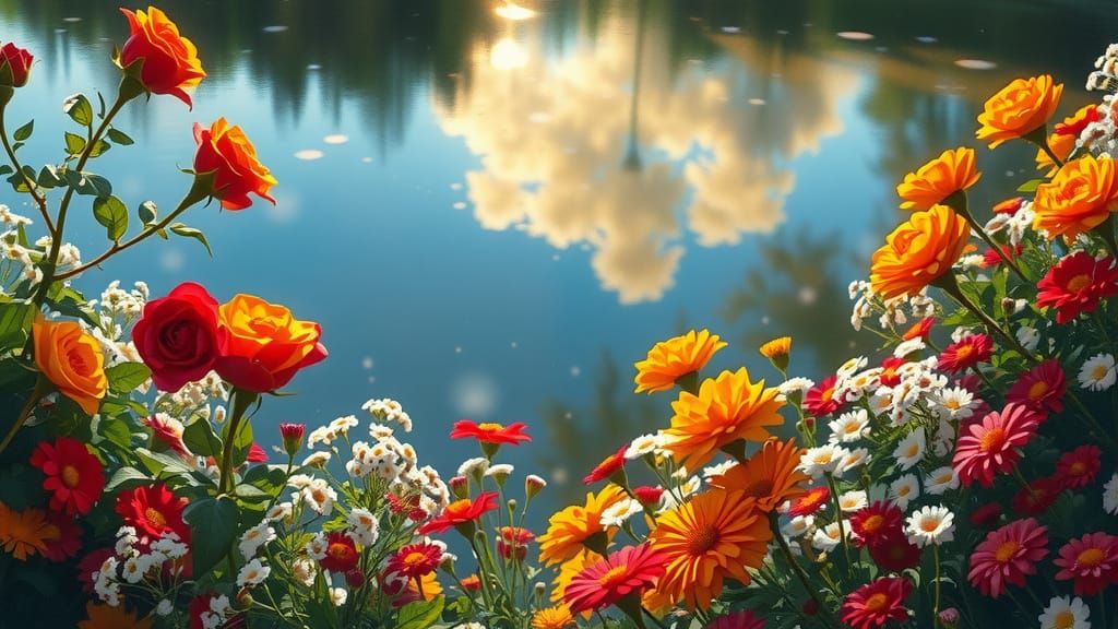 Impressionist Pond Scene with Roses and Zinnias