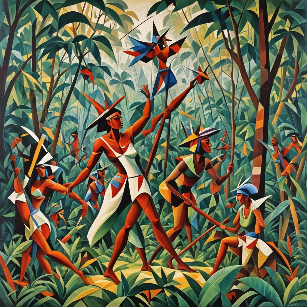 Brazilian Indians hunting in the Amazon Rainforest Scenes abstract cubism Euclidean Georgy Kurasov Albert Gleizes