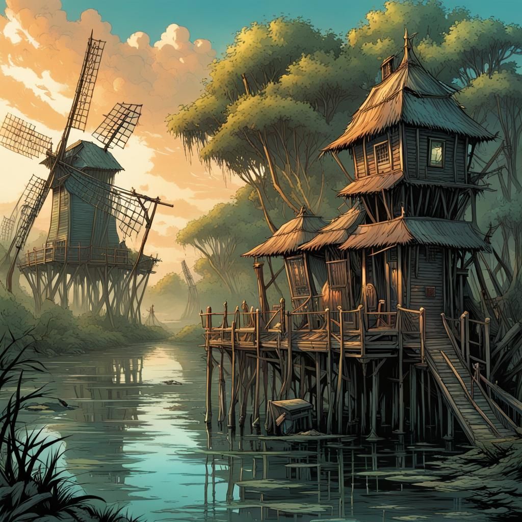 Enchanted Mangrove City with Windmills, Comic Book Art