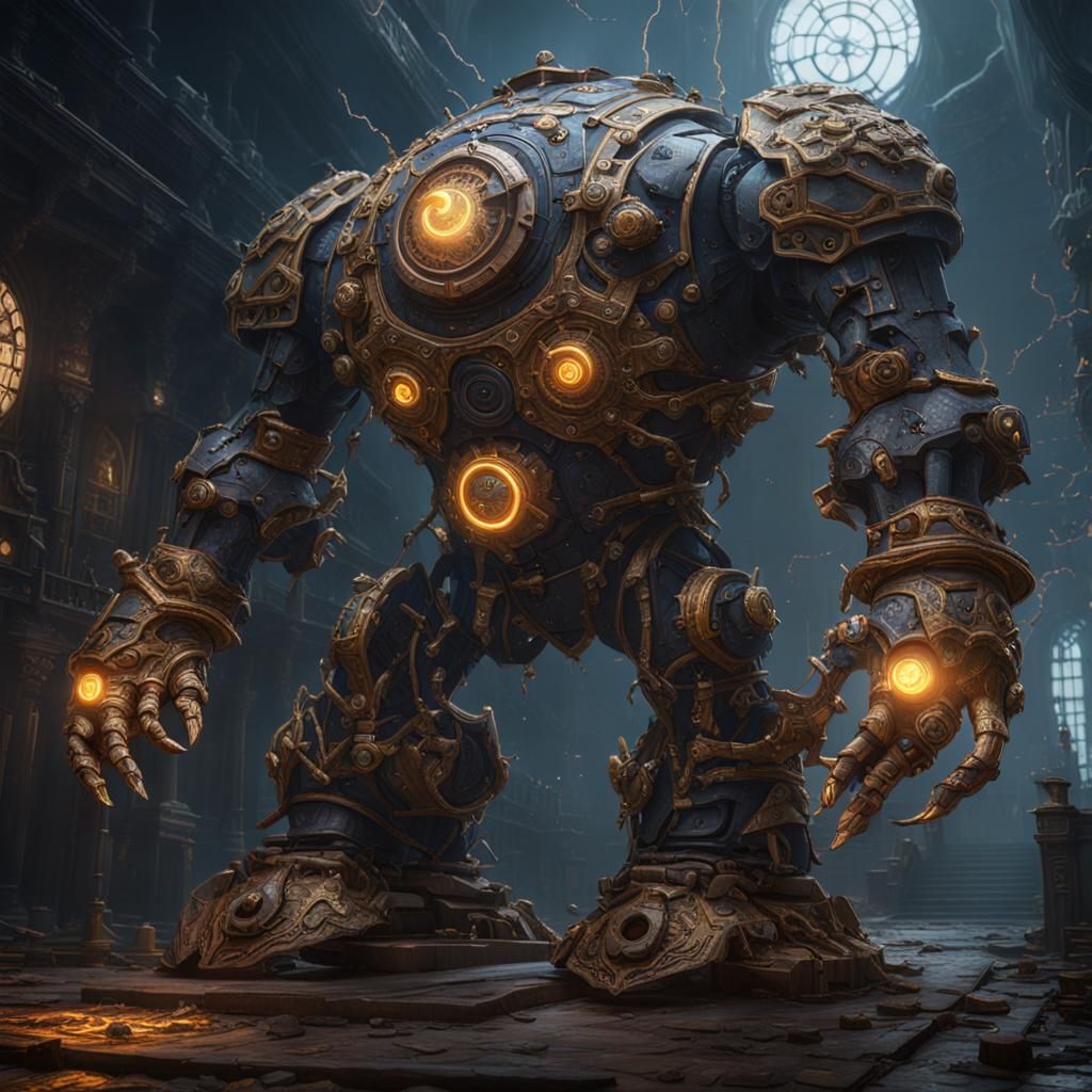 Clockwork Lightning Golem Fantasy Concept Art