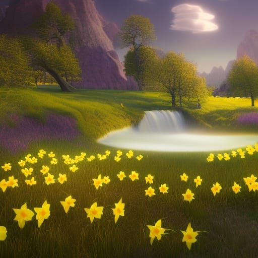Daffodil Meadow Draining into a Whirlpool: Fantasy Concept A...