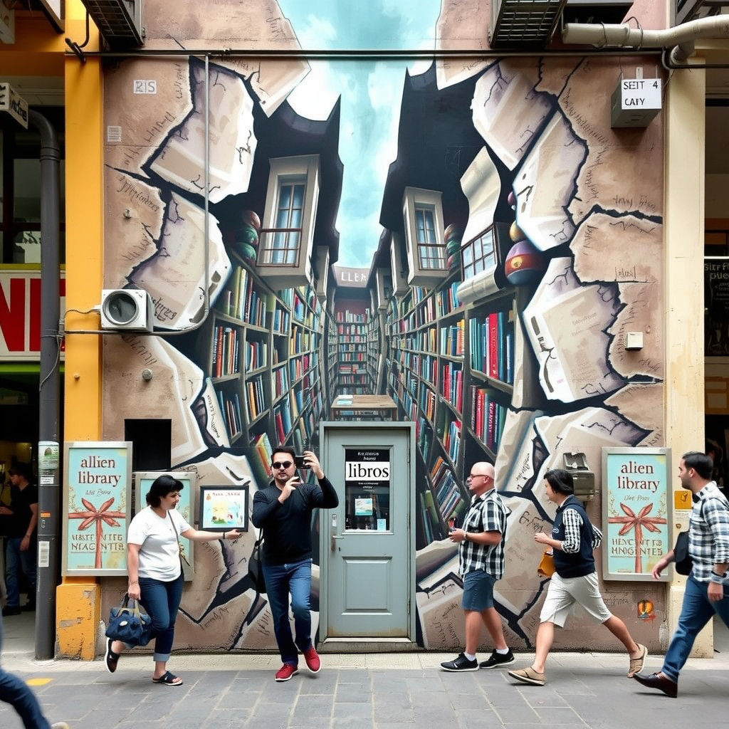 Surreal Street Art: Alien Library Illusion