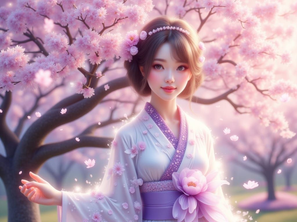 Geisha in Lavender Kimono Under Cherry Blossoms