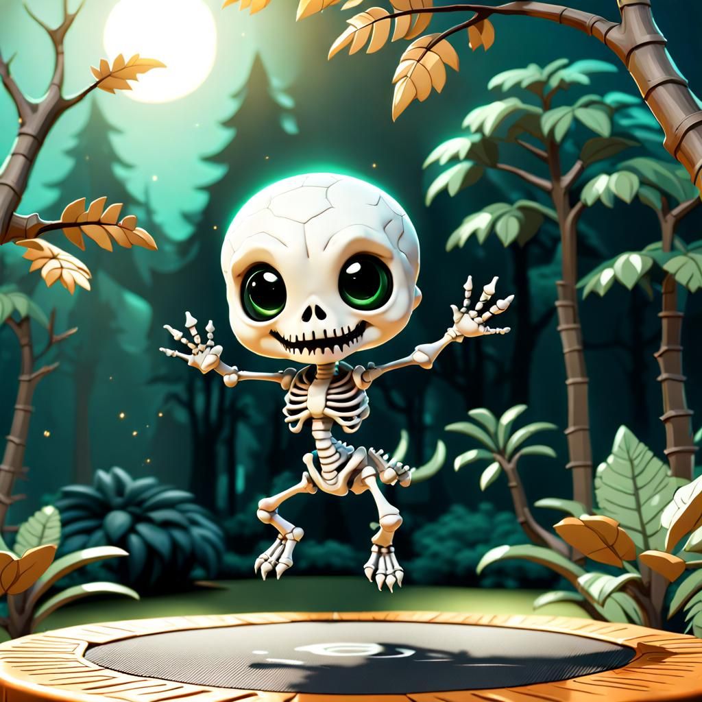 Chibi Skeleton Dino Backflip on Trampoline